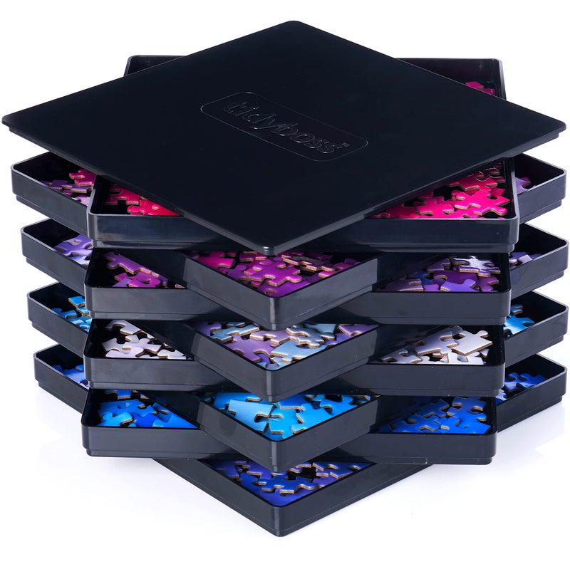 TIDYBOSS 8 Puzzle Sorting Trays with Lid 8" x 8" - Jigsaw Puzzle Accessories Black Background Makes Pieces Stand Out to Better Sort Patterns, Shapes and Colors | for Puzzles Up to 1500 Pieces - Image 1